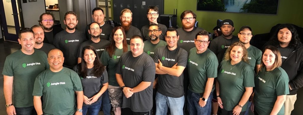Team photo in Jungle Disk shirts.
